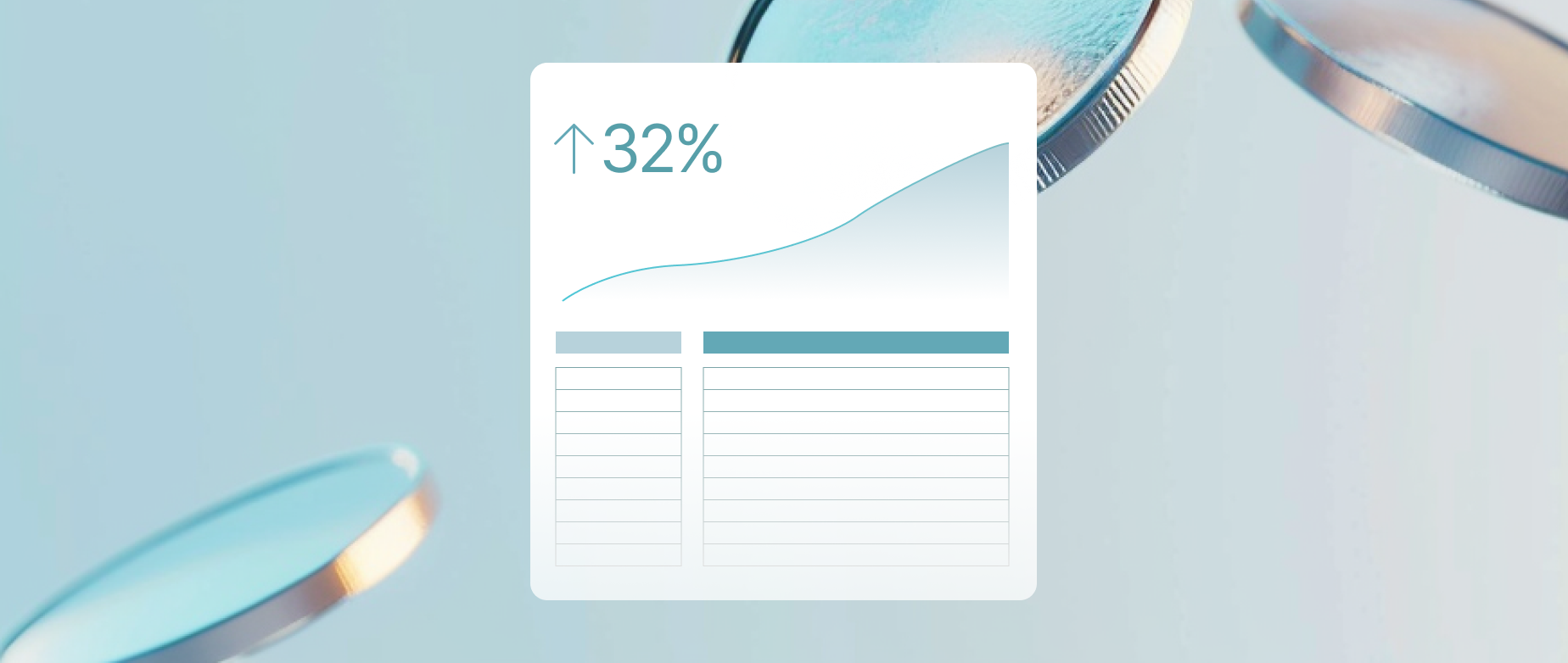 A cash flow statement with an increase of 32% on a light blue background with falling silver coins.