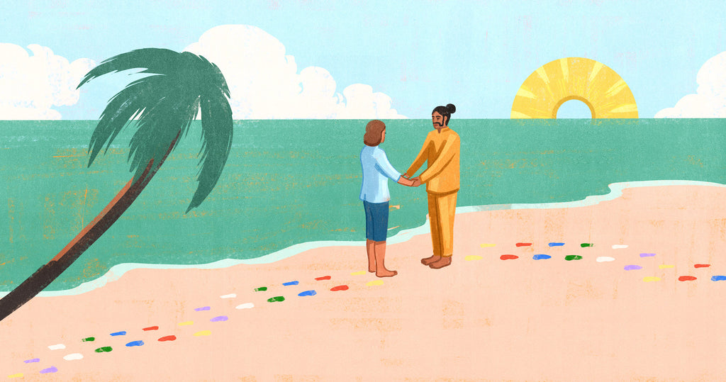 一名南亚男子和一名白人女子面对面站在斯里兰卡海滩上，前景中有一棵棕榈树向他们倾斜。正在升起的太阳是一个菠萝。