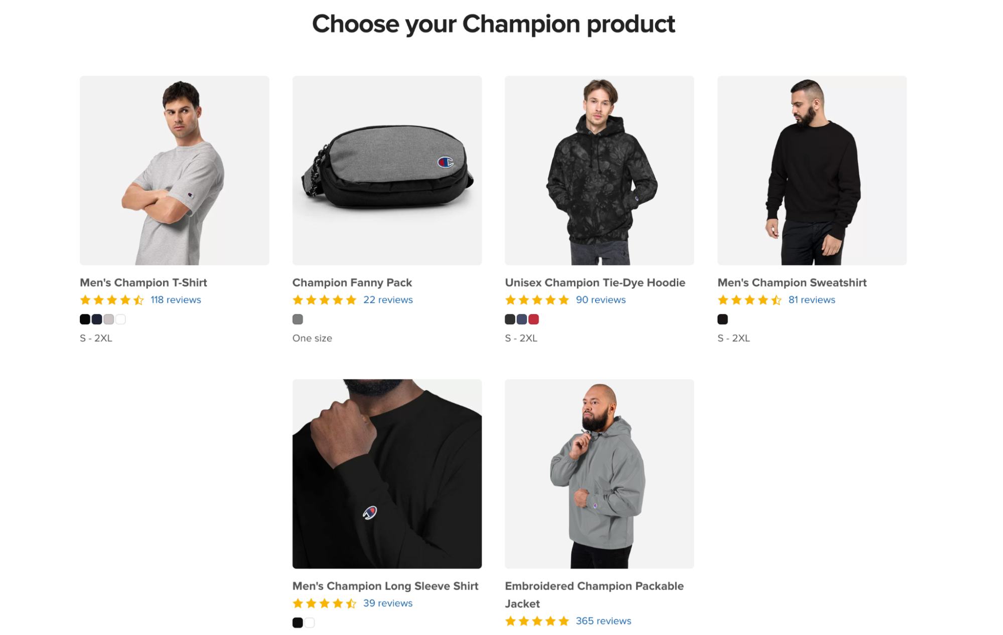 print-on-demand product page showing various items of Champion branded clothing.