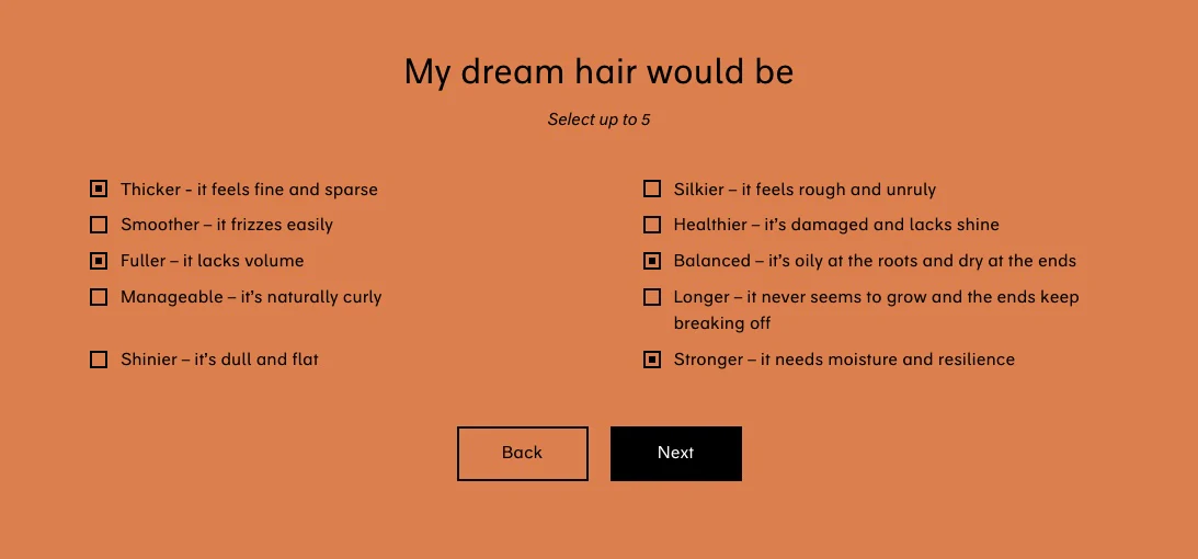 Screengrab of Champo hair doshas quiz on its website