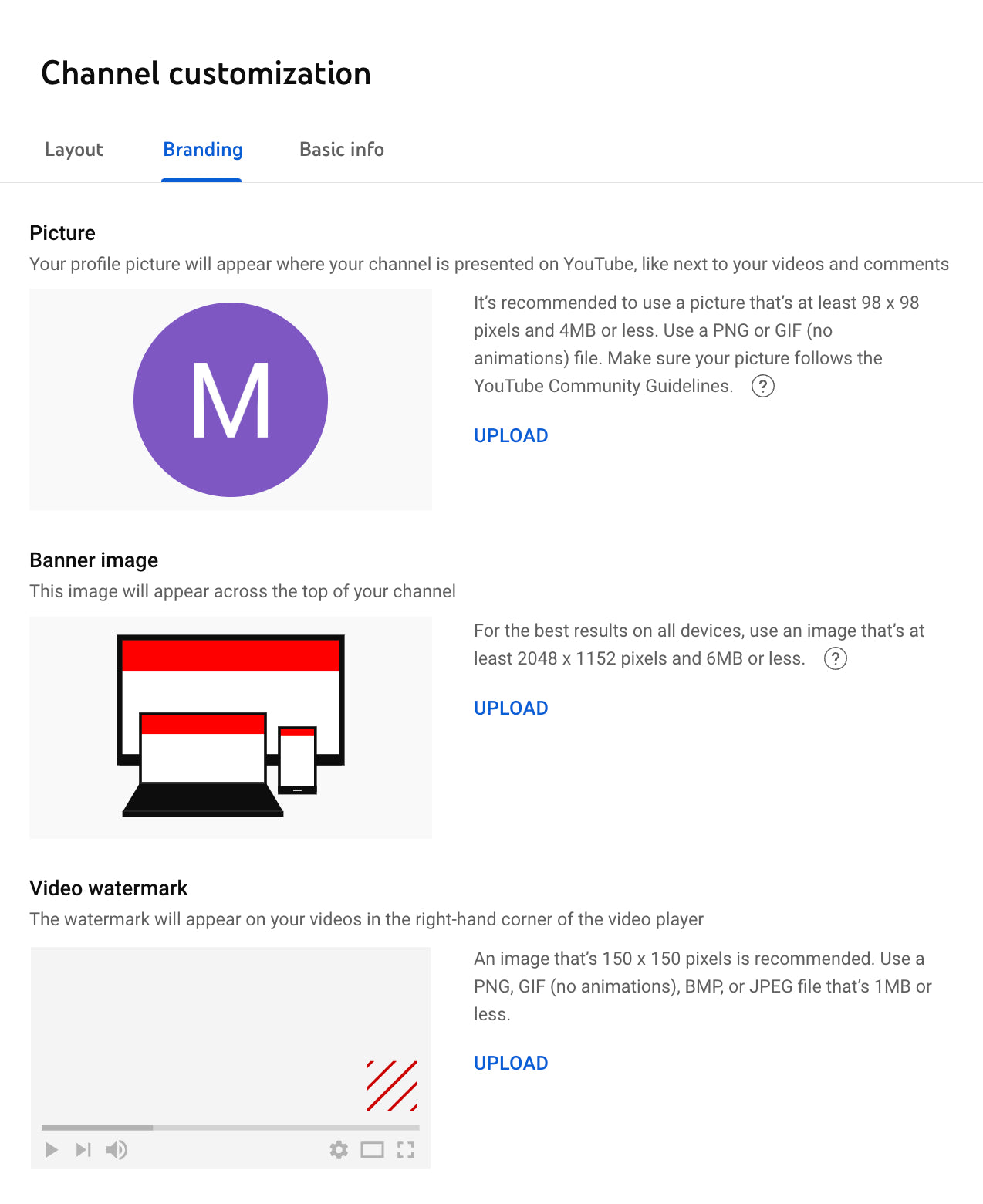 Screengrab of a YouTube channel creation flow showing the branding customization tools