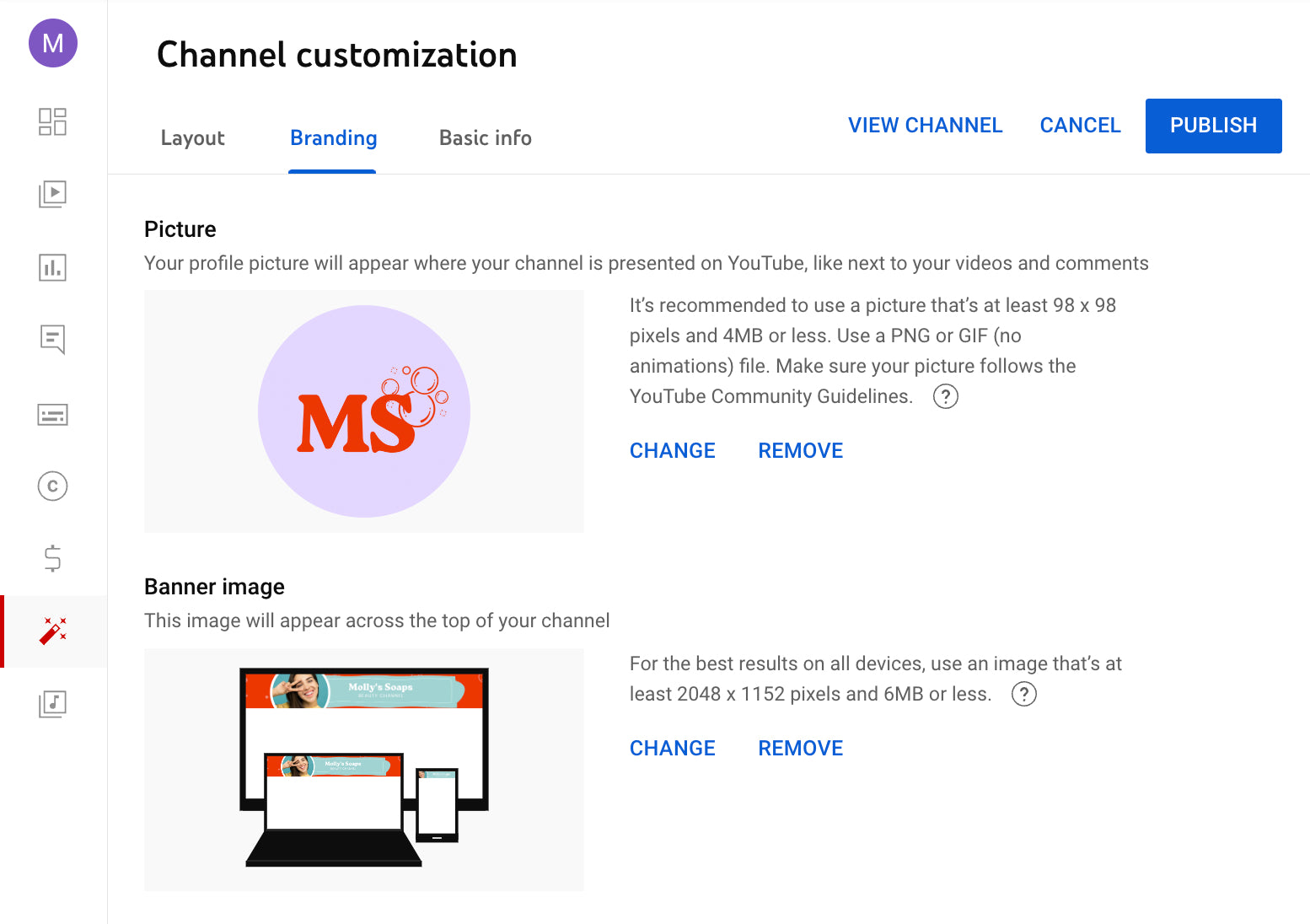 Screengrab of a YouTube channel creation flow showing the branding customization tools