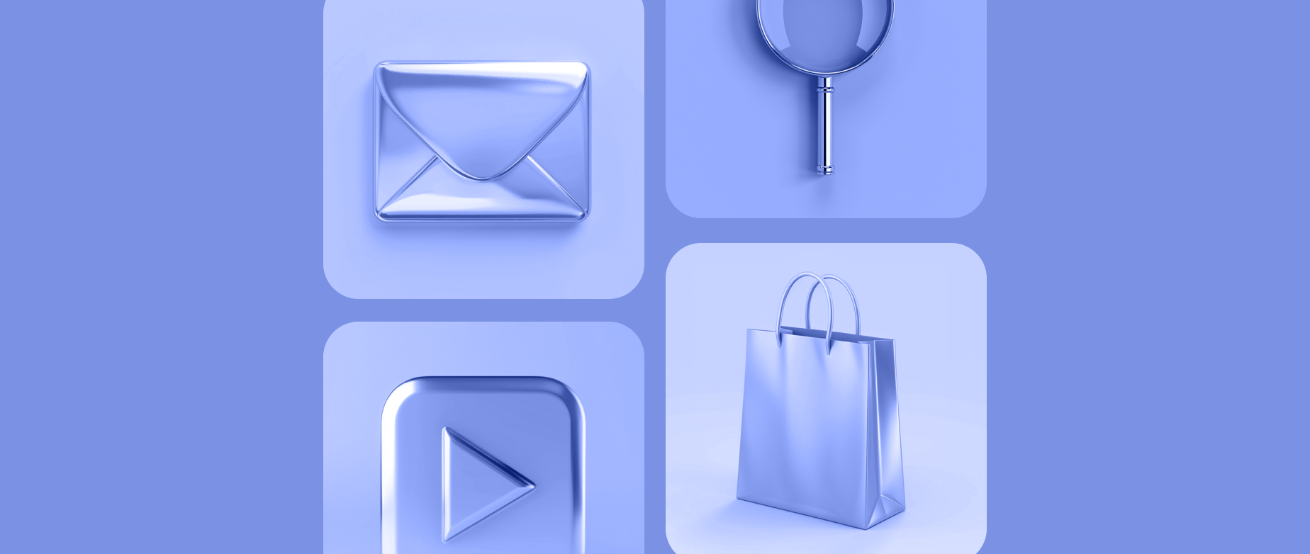 Icons with envelopes, video, shopping bag, and magnifying glass on a blue purple background.