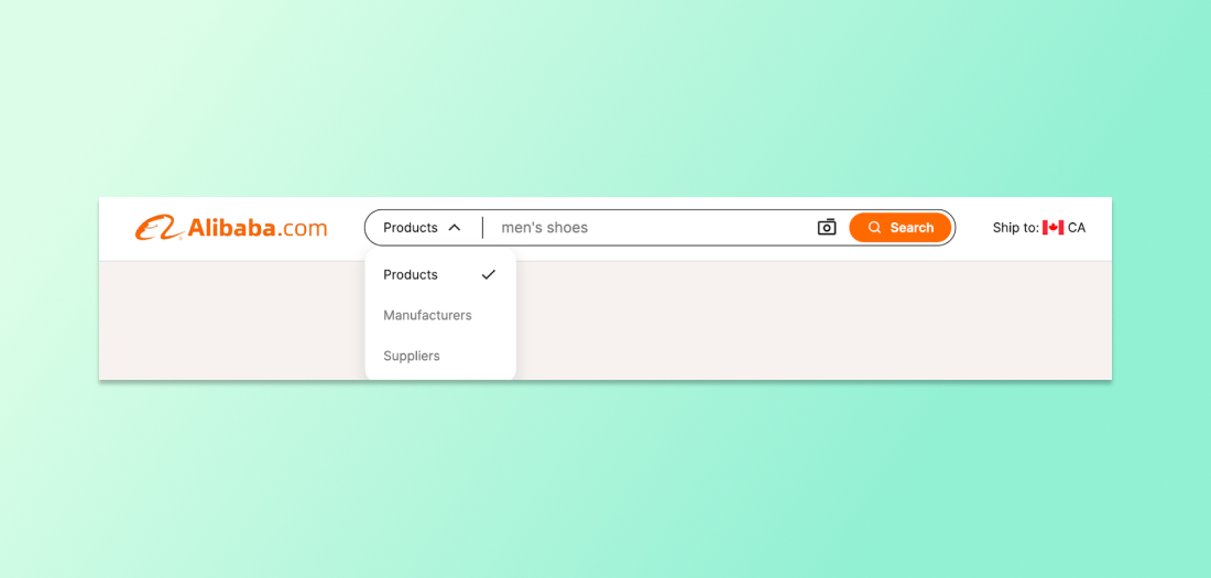 Alibaba’s search bar with a drop down menu to filter by products and suppliers.