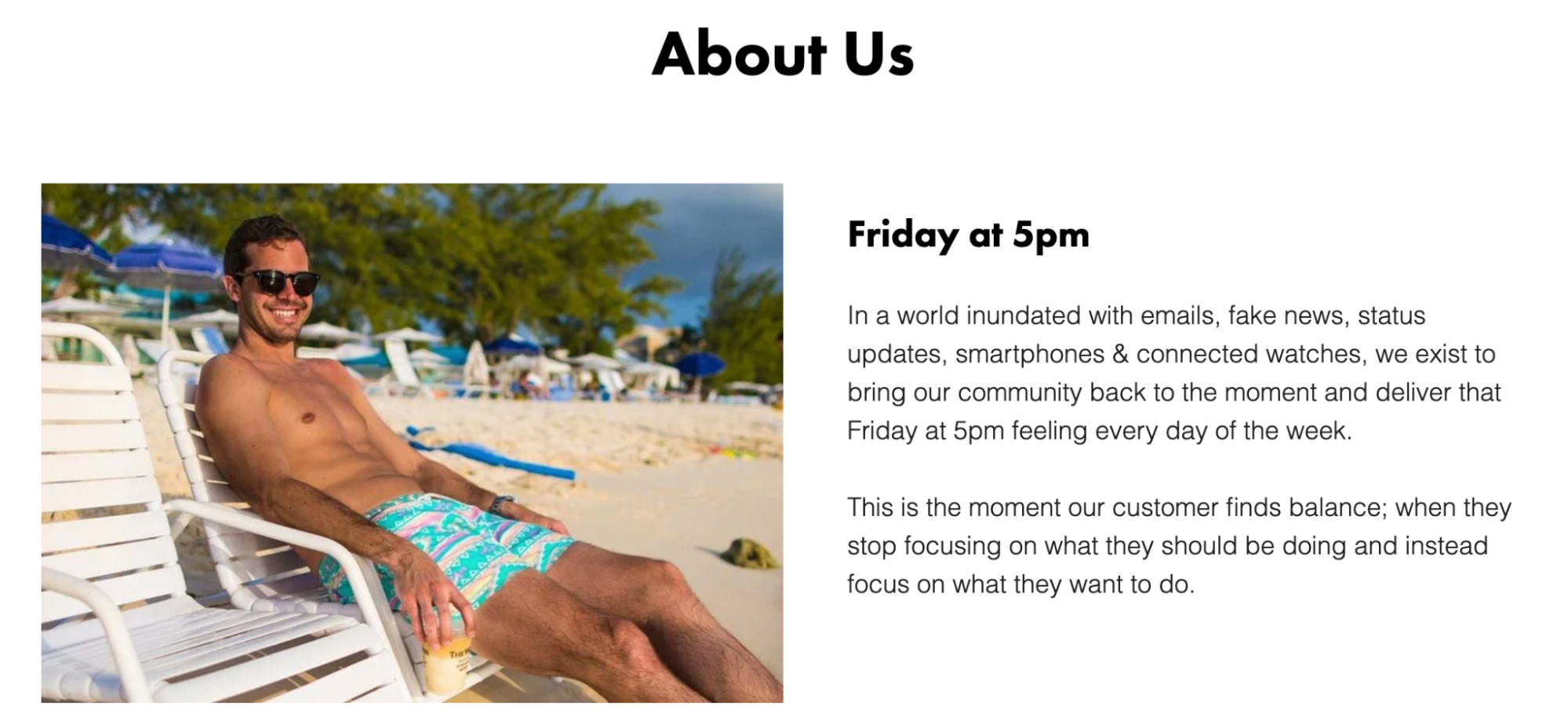 Screenshot of Chubbies About Us page with an image of a smiling man wearing swim shorts and sunglasses sitting on a beach chair