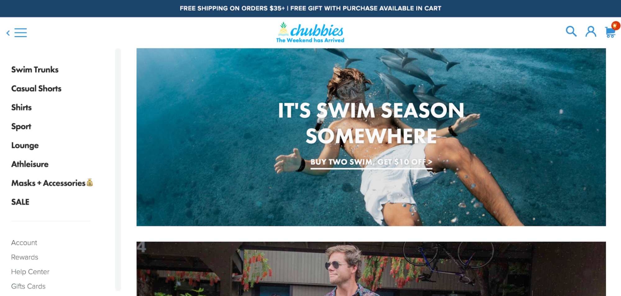 chubbies homepage example shows a great use of CTA copy in store design