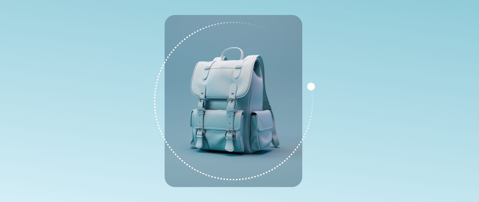 A backpack in a circle on a blue panel on a light blue background.