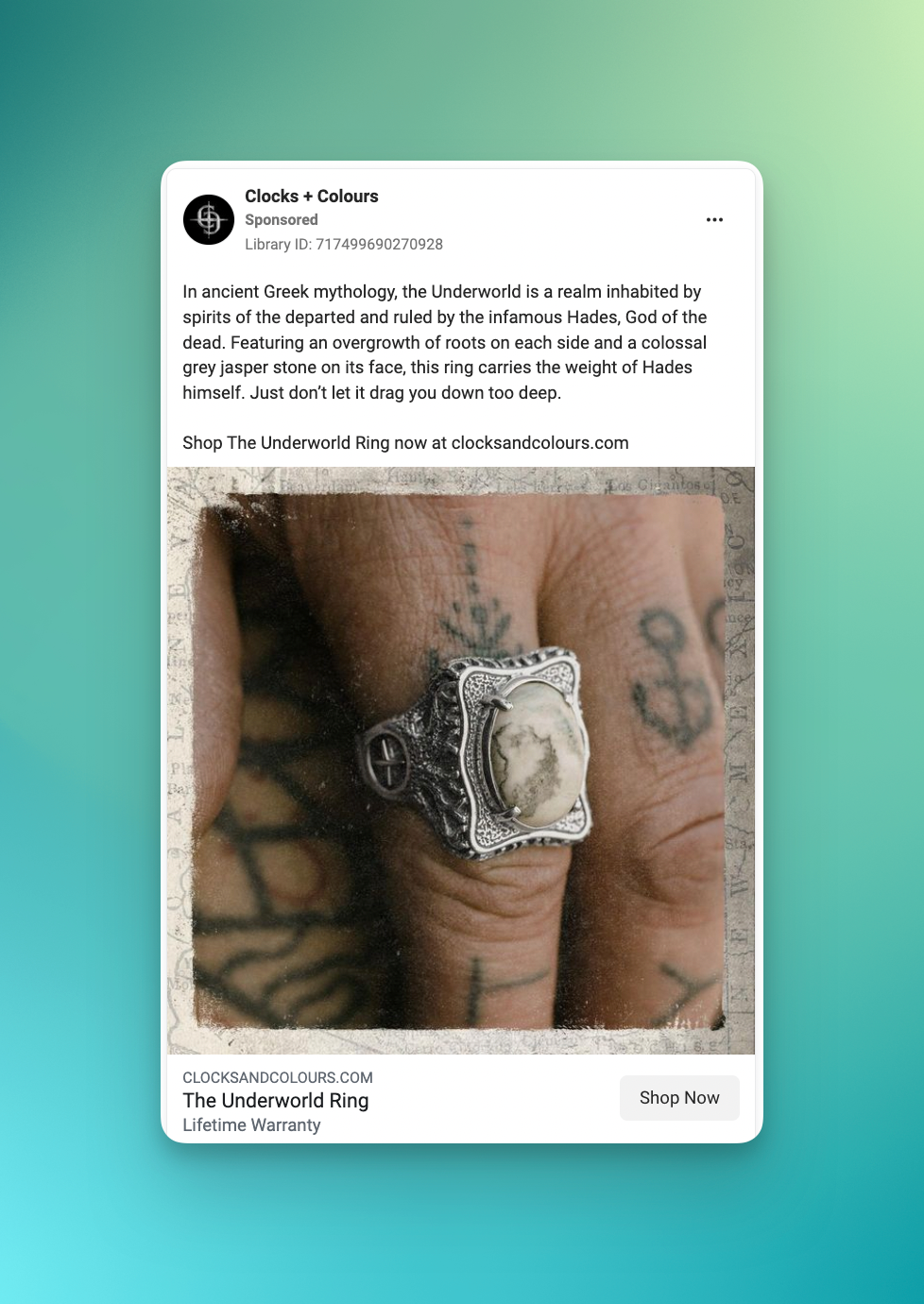 Clocks + Colours Instagram ad featuring a man wearing a chunky ring on tattooed fingers