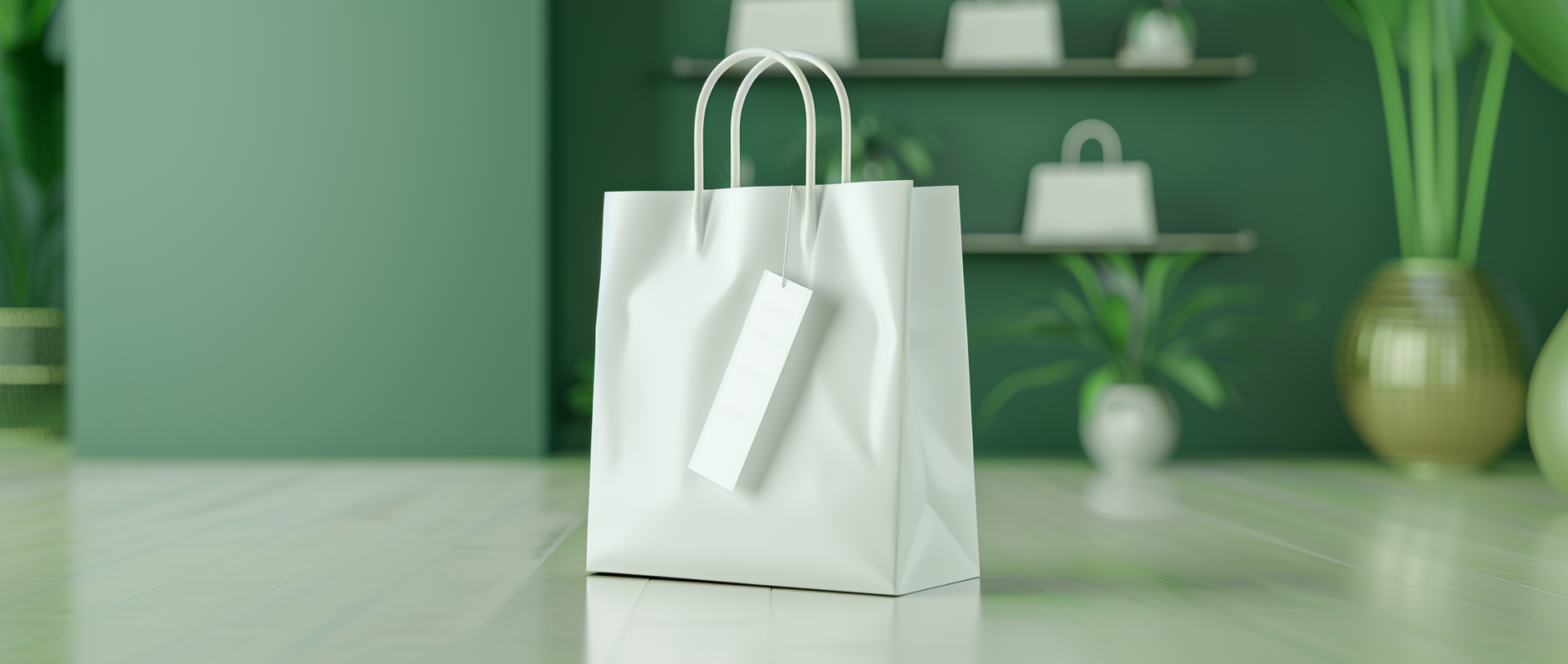 A white shopping bag on a floor in a green room with plants.