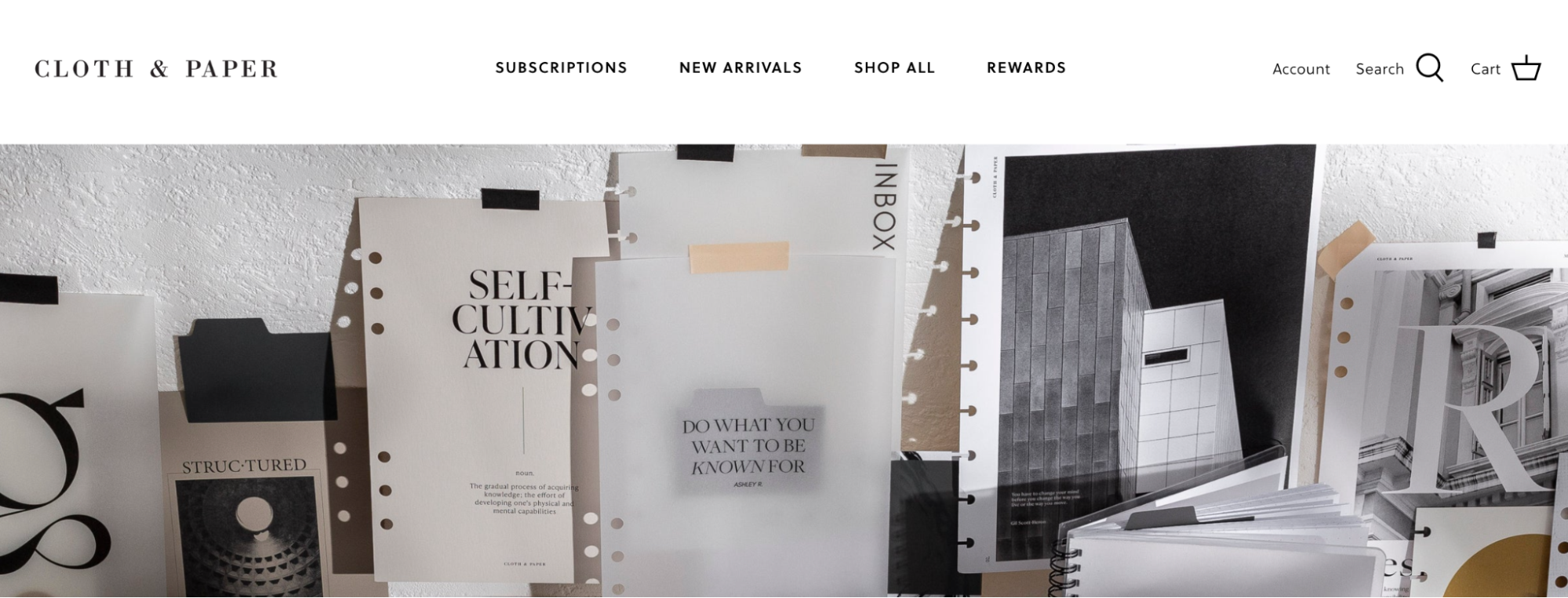 The homepage of Cloth and Paper, which sells stationery subscription boxes online.
