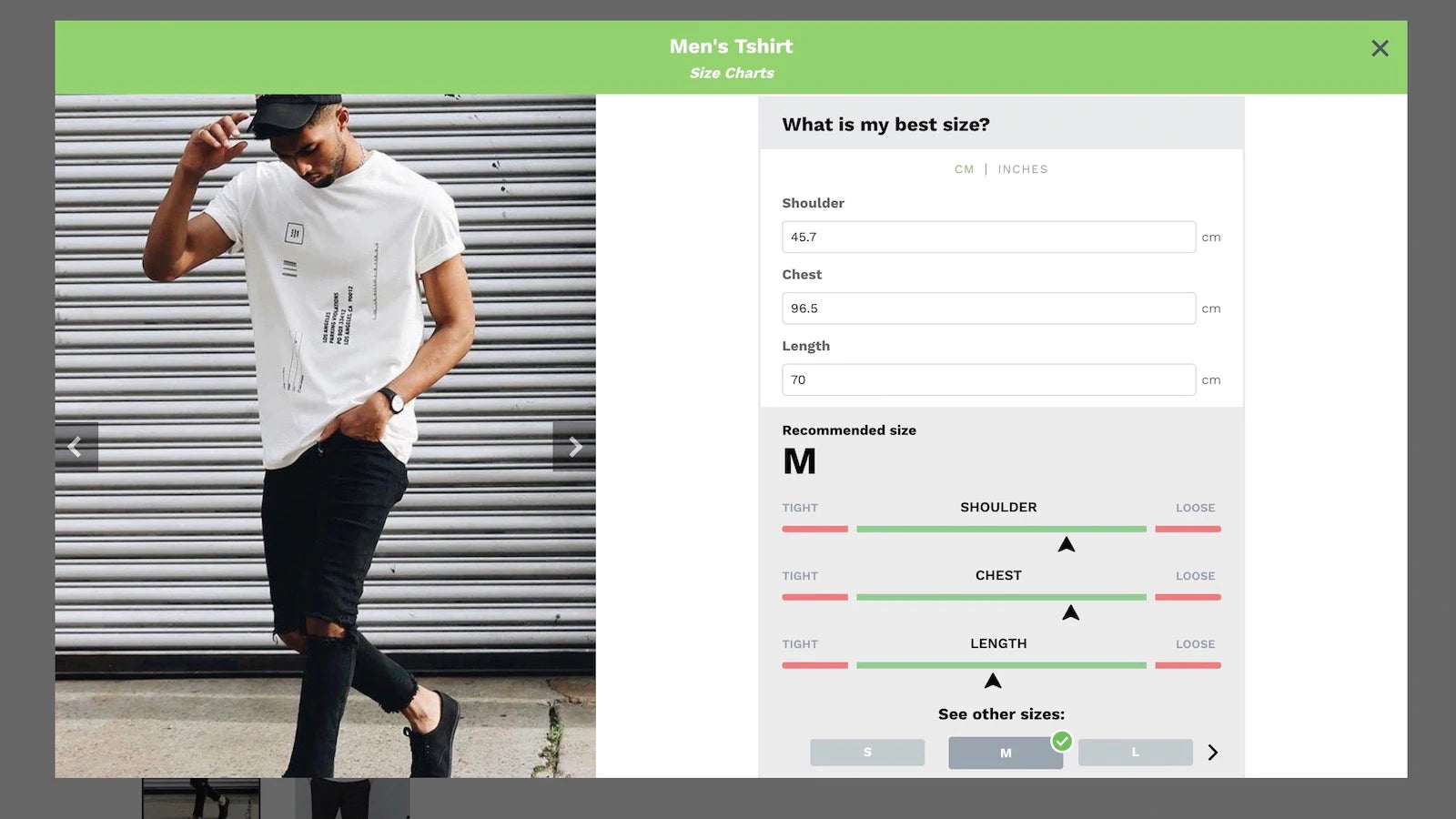 Screengrab of a demo of Shopify app Kiwi Sizing