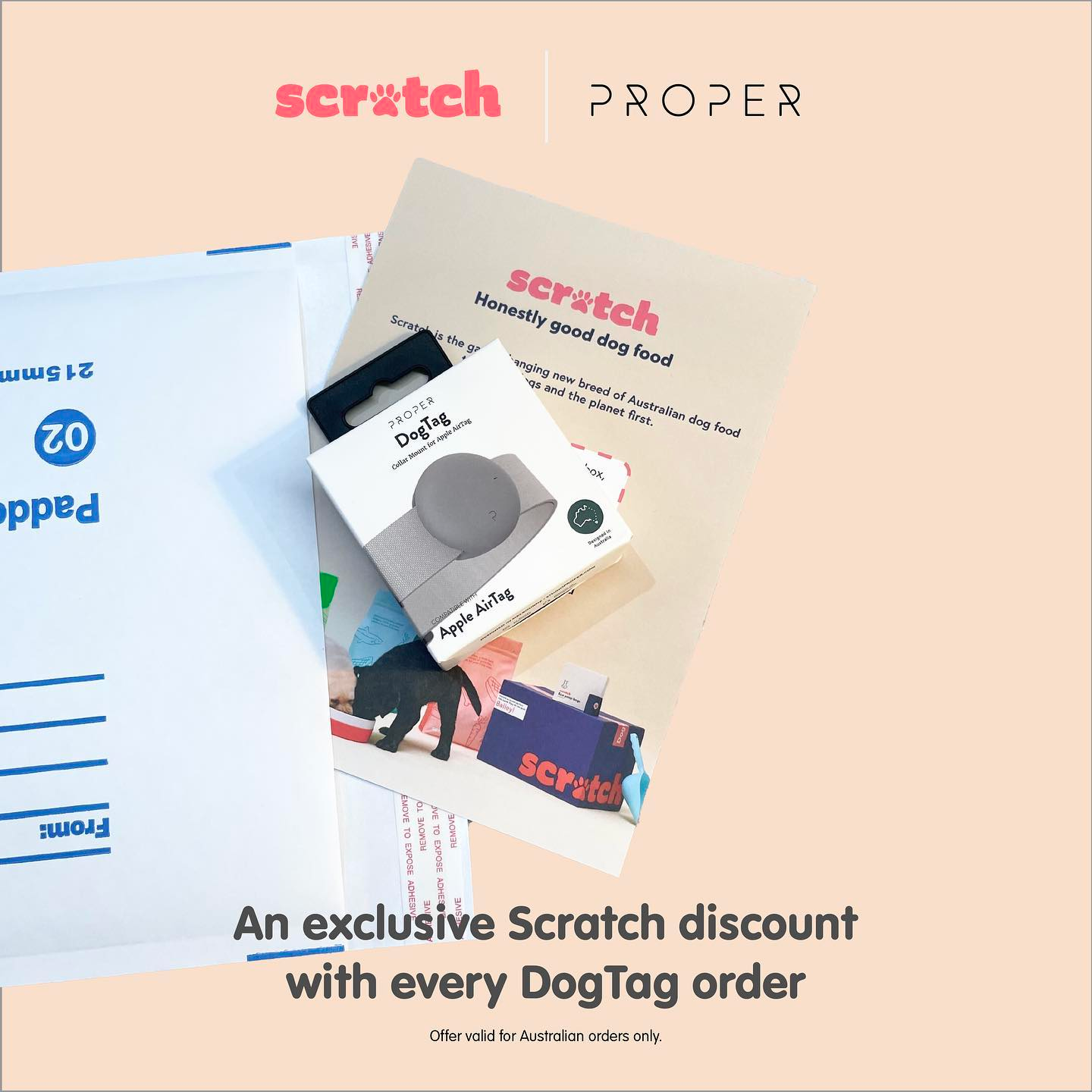 A social media post promoting the collaboration between Scratch and Proper, showing the contents of the packaging, containing the DogTag from Proper and the coupon from Scratch.