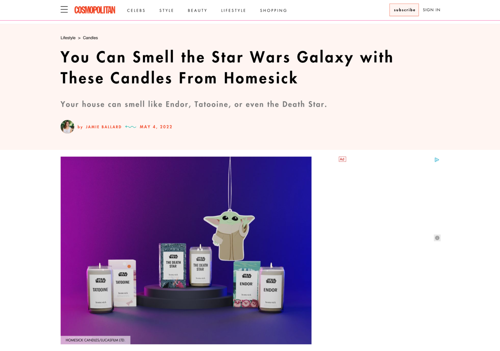 A screenshot of Homesick’s press coverage in Cosmopolitan’s online magazine. The headline says “You can smell the Star Wars galaxy with These Candles from Homesick”.