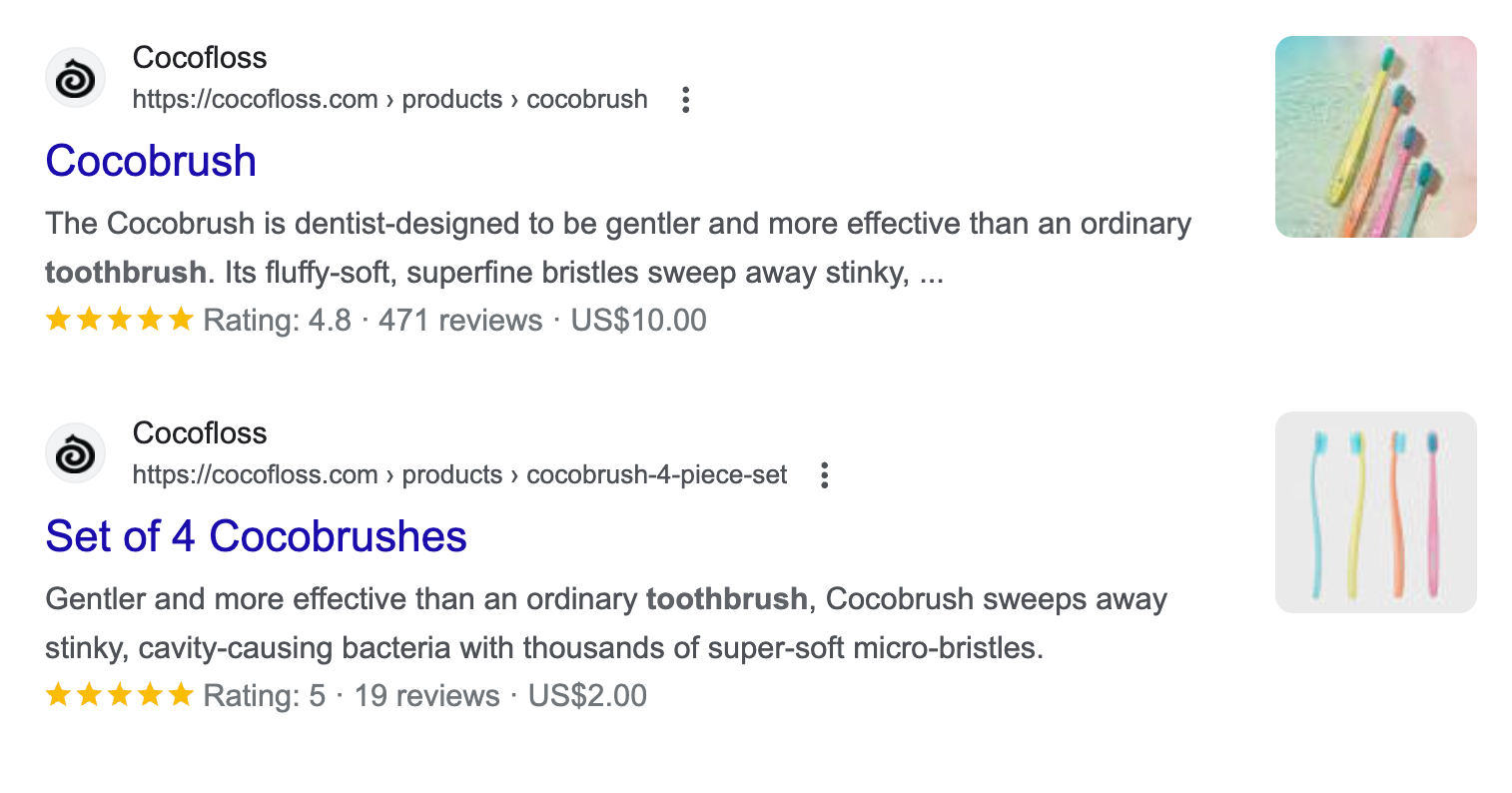 Dos SERP de Google de la marca Cocofloss