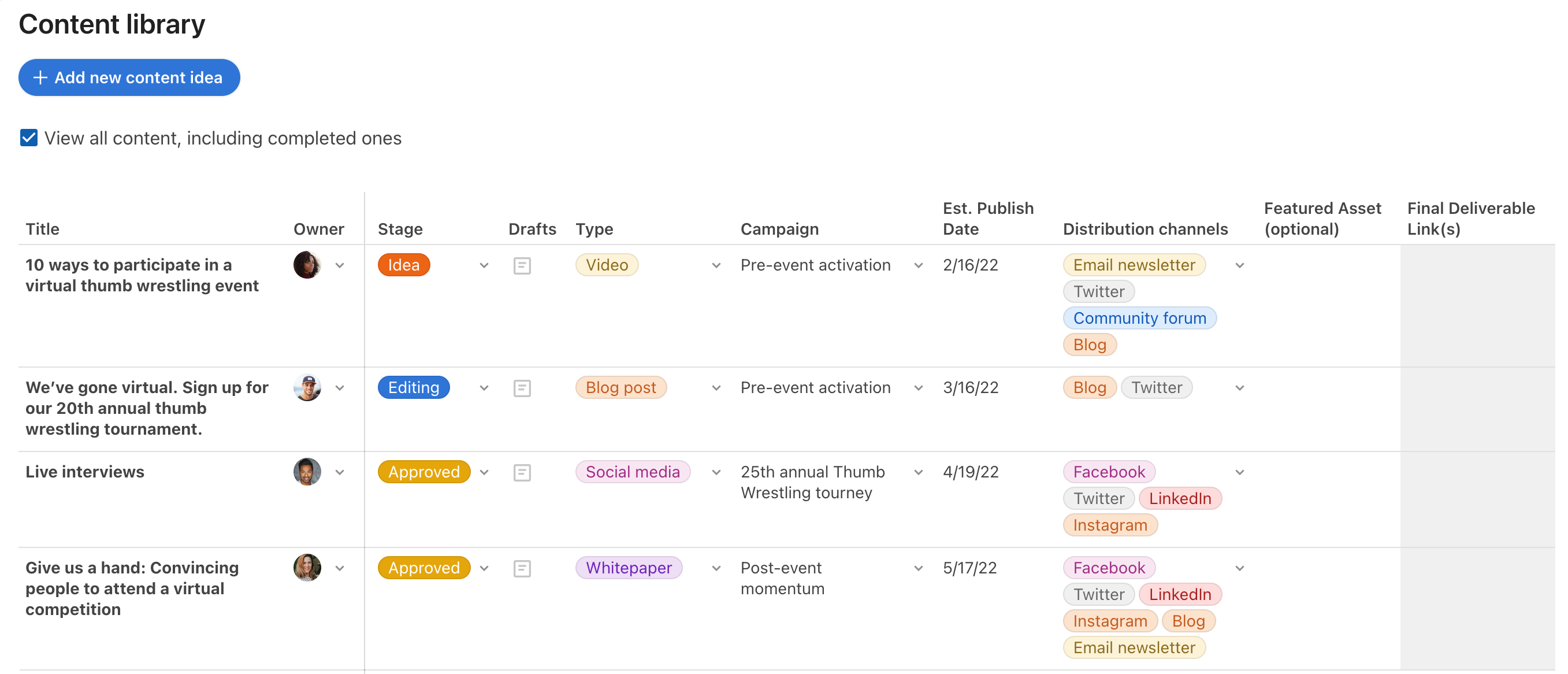 A screenshot of a marketing calendar in Coda