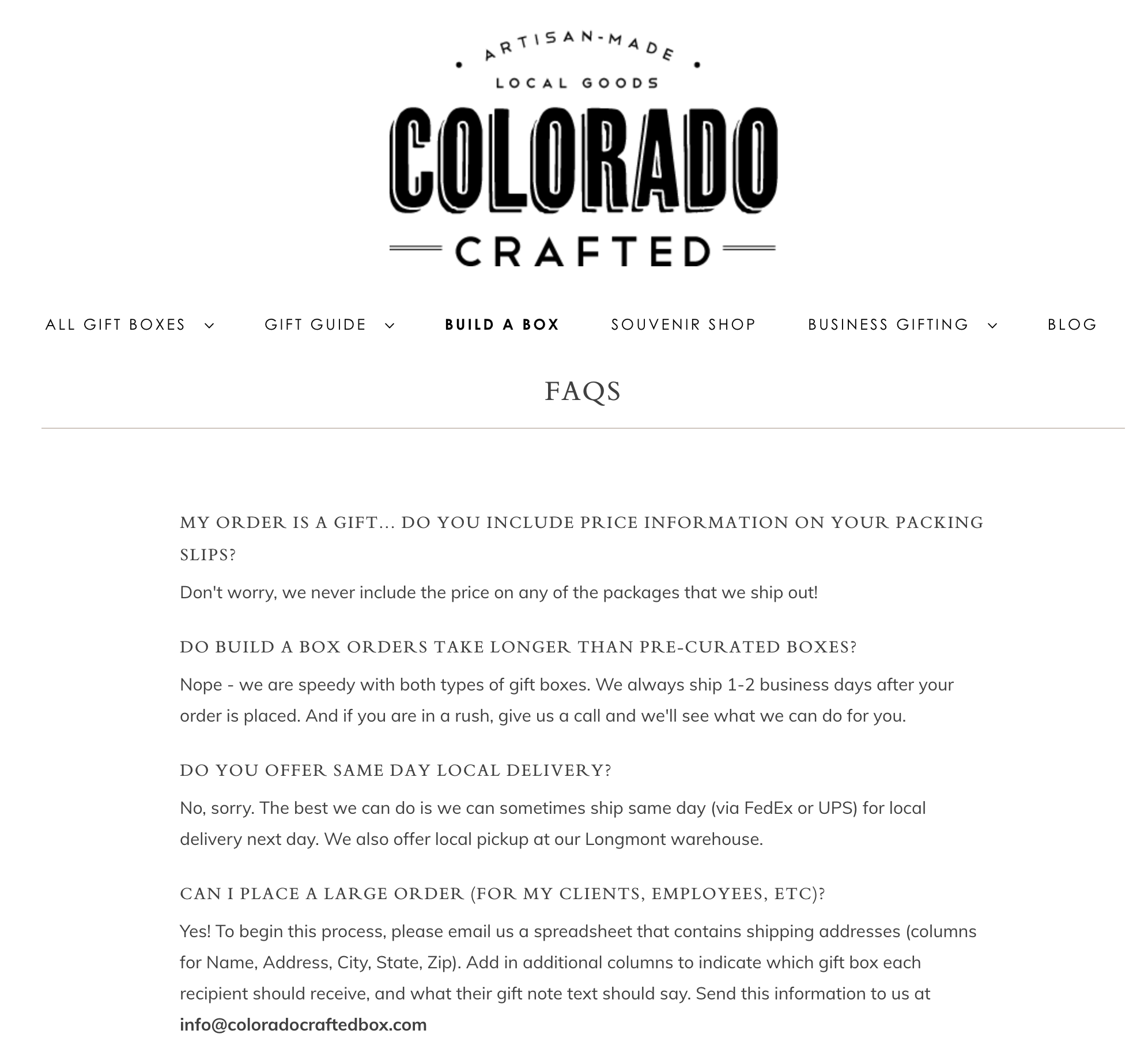 Colorado Crafted’s simply FAQ page with shipping information written in a conversational tone.