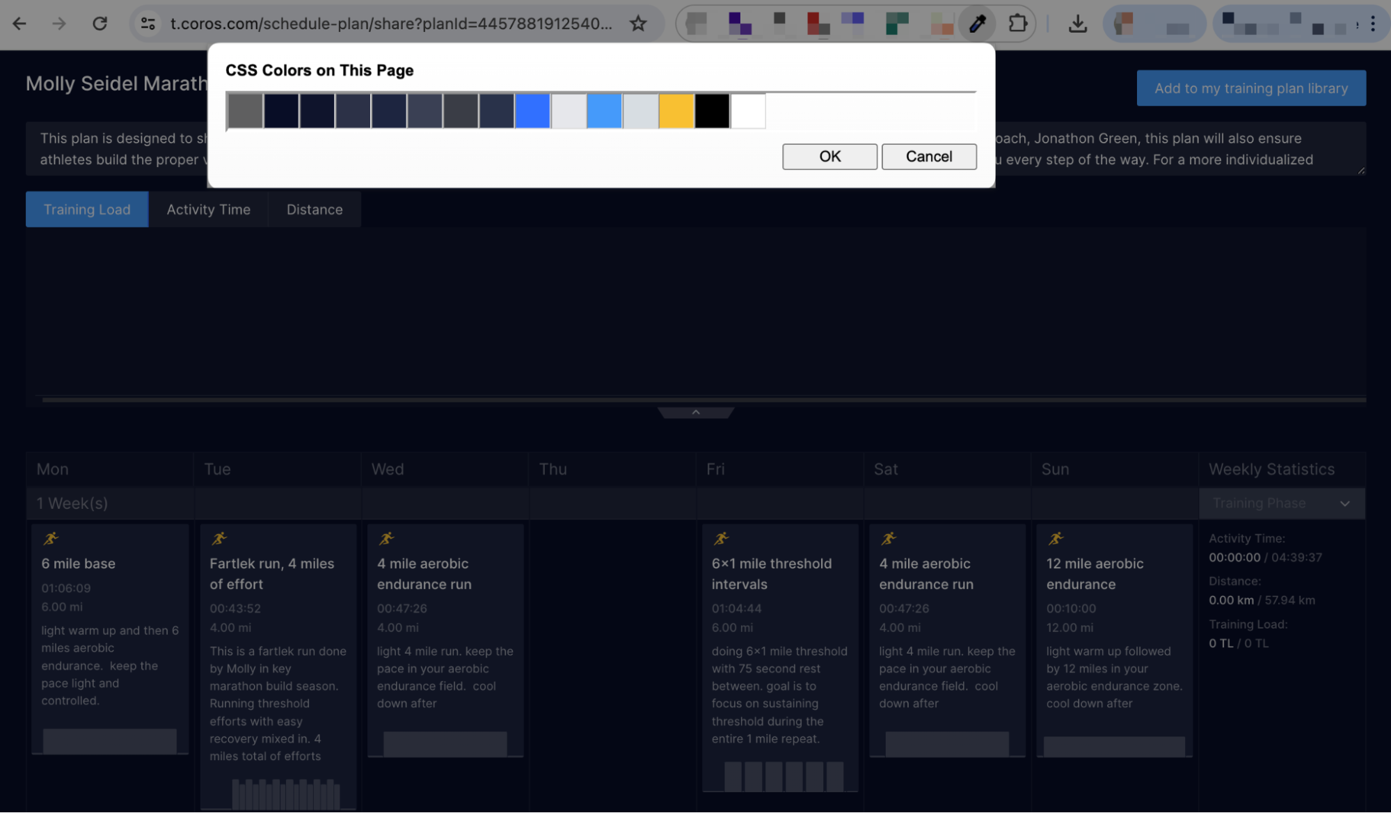 Pop-up dialog with CSS color palette for current page over a weekly running schedule.