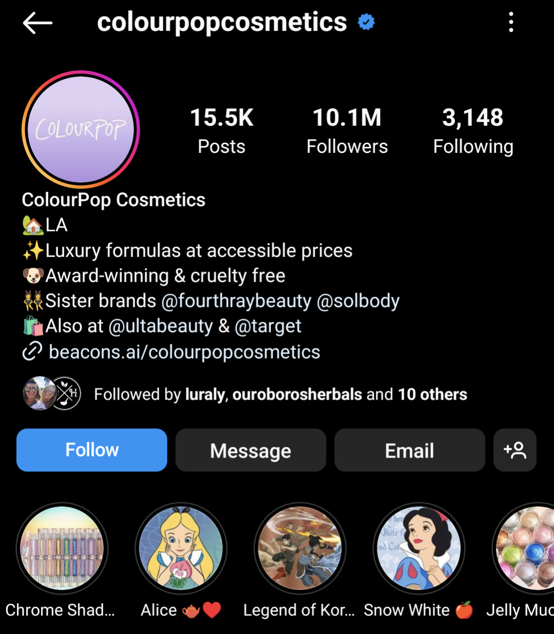 screenshot of ColourPop Instagram bio