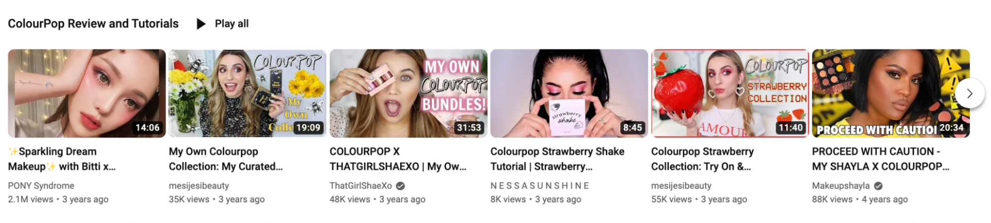 Screenshot of ColourPop’s YouTube channel category showcasing its collaborative videos with creators.