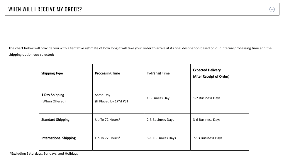 Fashion Nova shows estimates for each type of shipping they offer