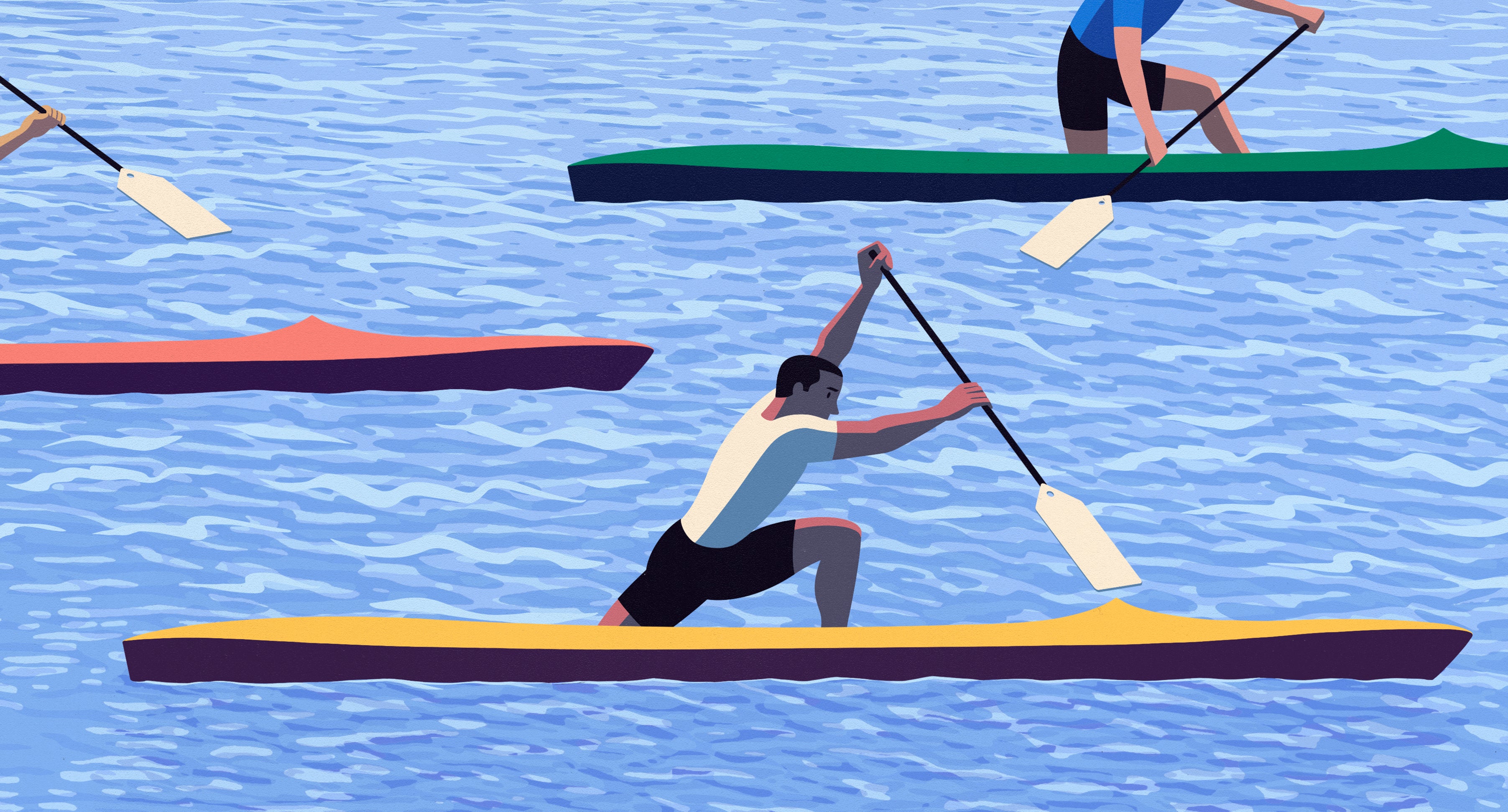 Illustration of a person racing in a solo canoe on a river to illustrate what it's like to price competitively