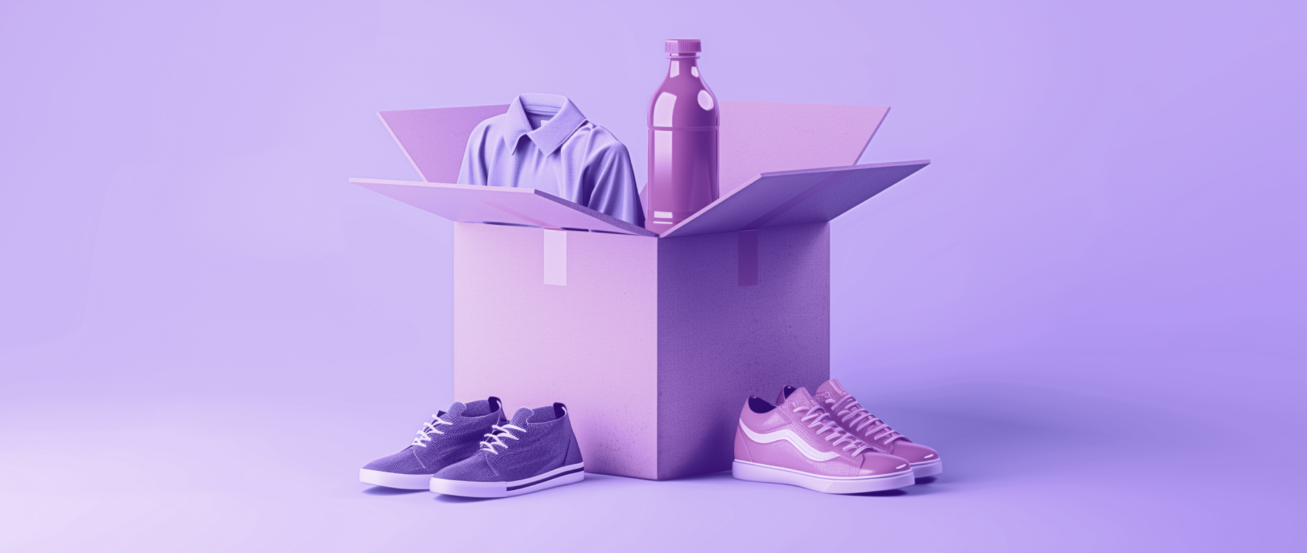An open cardboard box filled with consumer goods (shirt, water bottle, shoes) on a purple background.