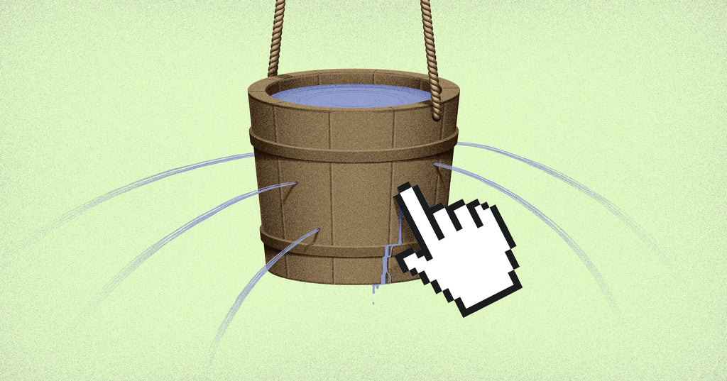 鼠标指针堵住漏水漏斗的插图，用桶表示