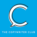 The logo for The Copywriter Club podcast. Blue background with white text and a big white letter C in the middle.