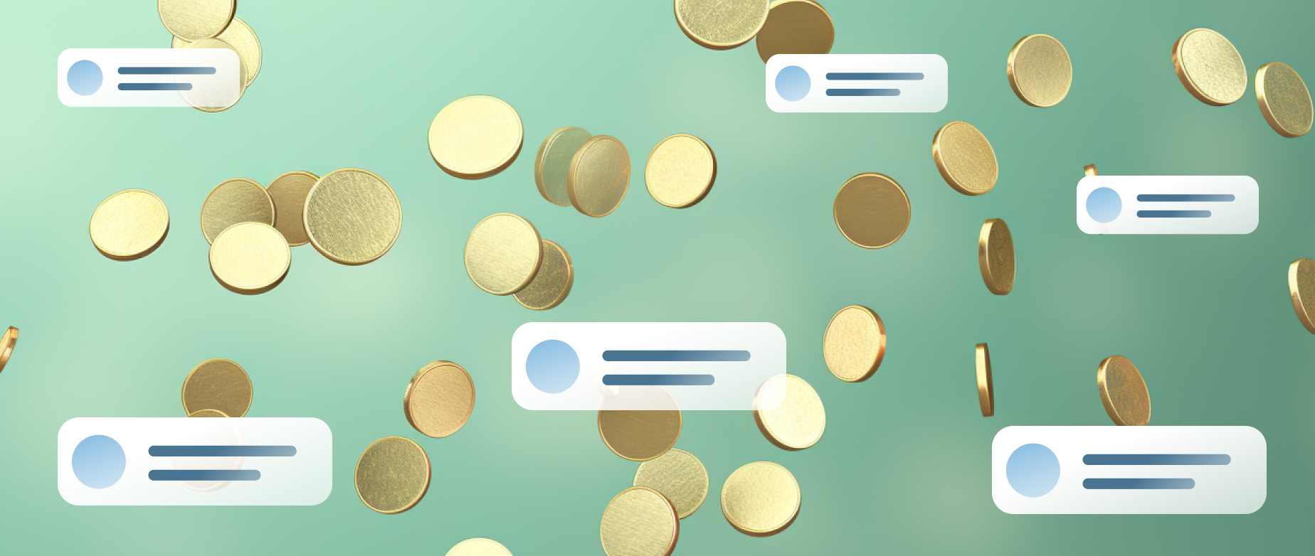 Falling gold coins with comment icons on a mint green background.