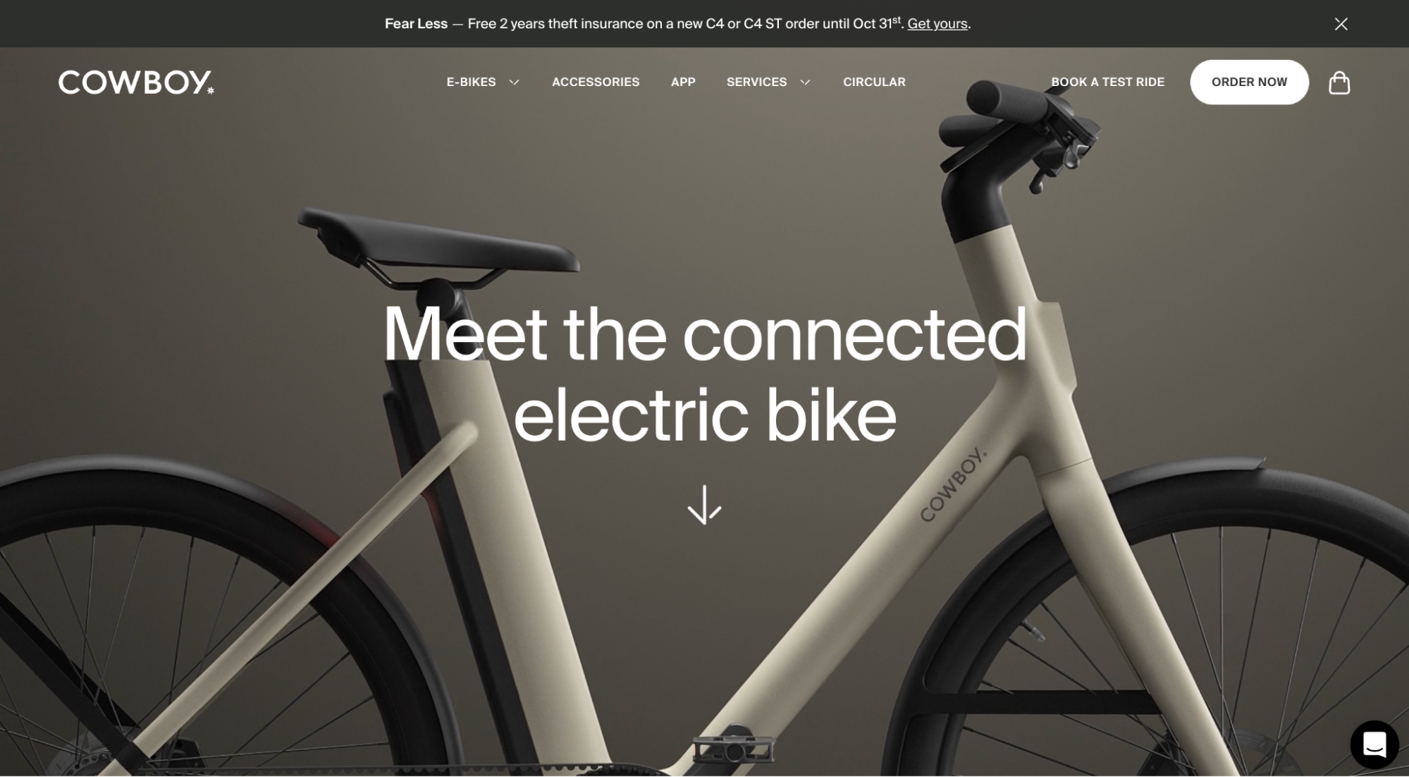 Cowboy ecommerce website featuring a full-screen, high-quality image of their electric bike.