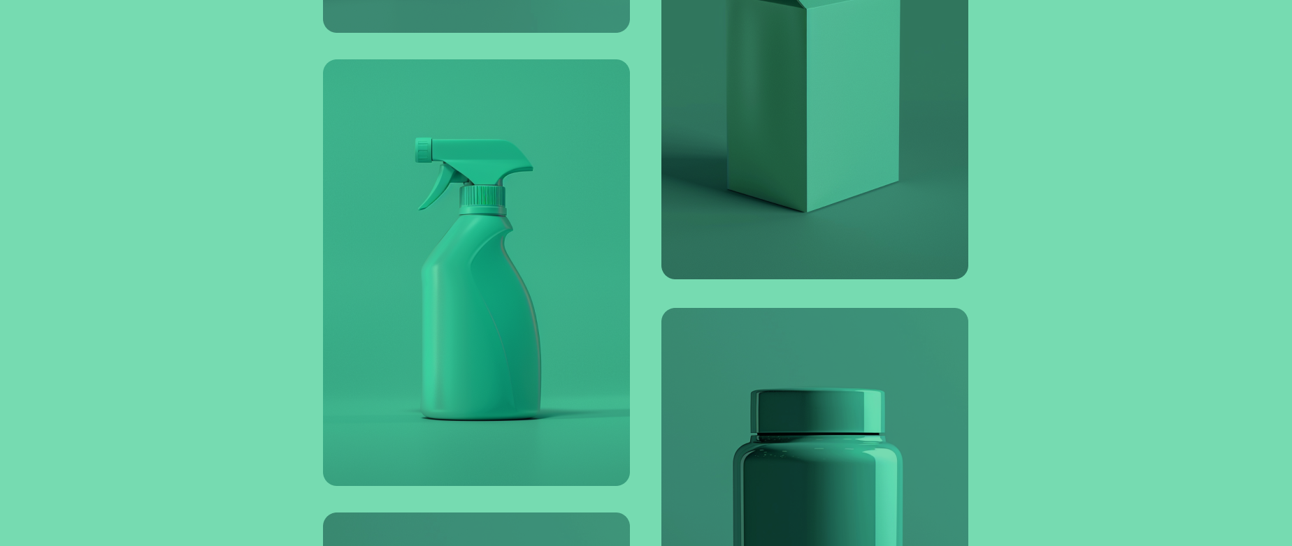 Various columns of panels with consumer product goods on an aqua background.
