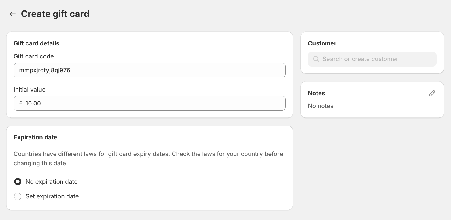 Screenshot of Shopify admin where users create a gift card