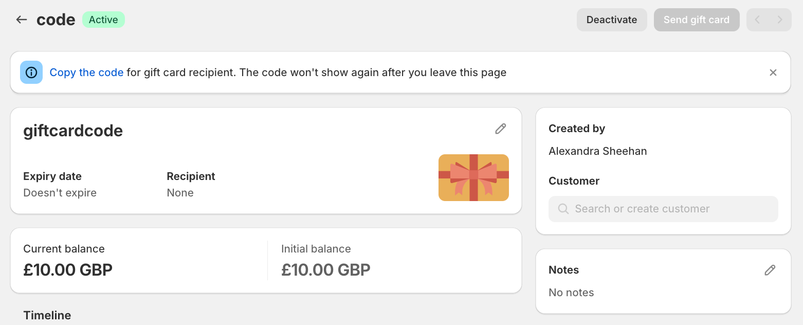 Screenshot of gift card details in Shopify admin