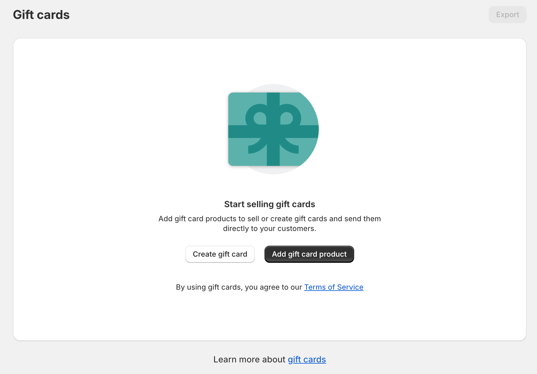 Screenshot of Shopify admin “Create gift card” button