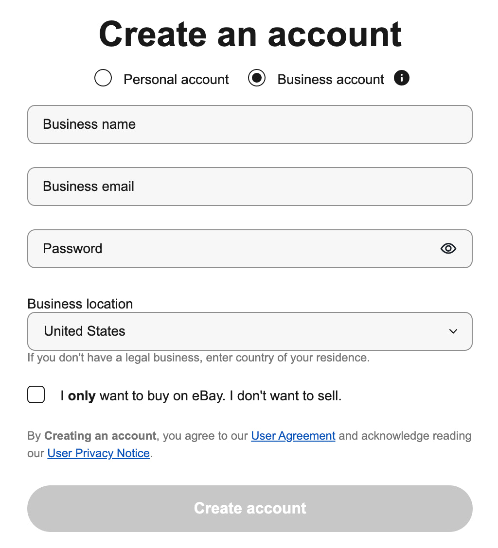 EBay business account registration interface. 