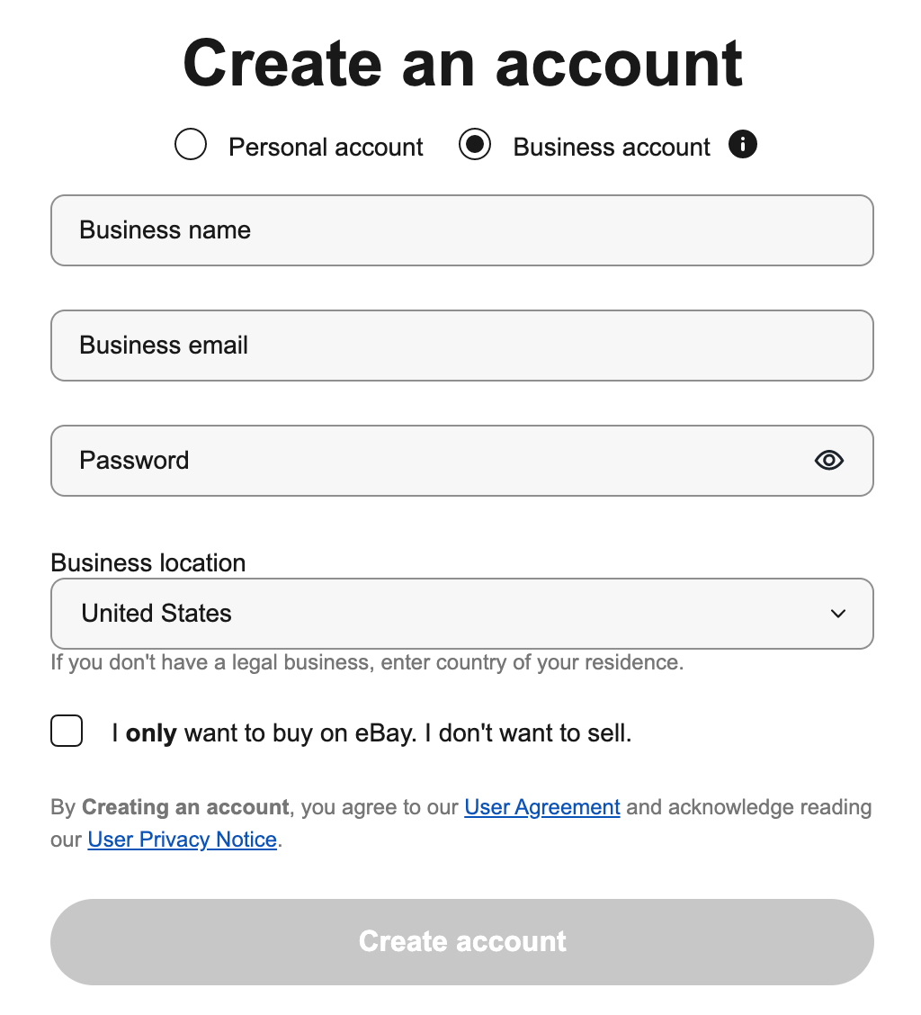 EBay business account registration interface.