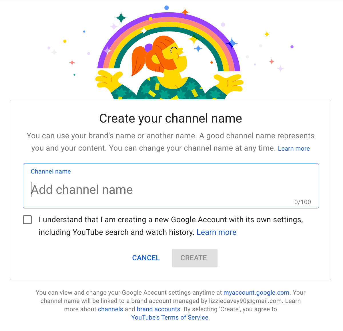 Screenshot of YouTube’s interface asking the creator to name their new channel.