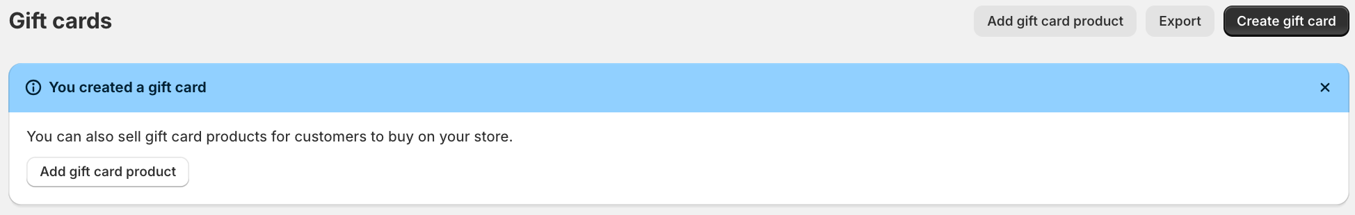 Screenshot of Shopify dashboard to add gift card product