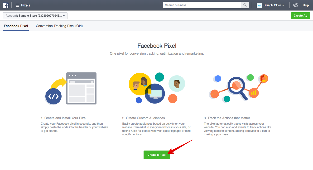 The Create a Pixel button is highlighted in Meta Business Manager.