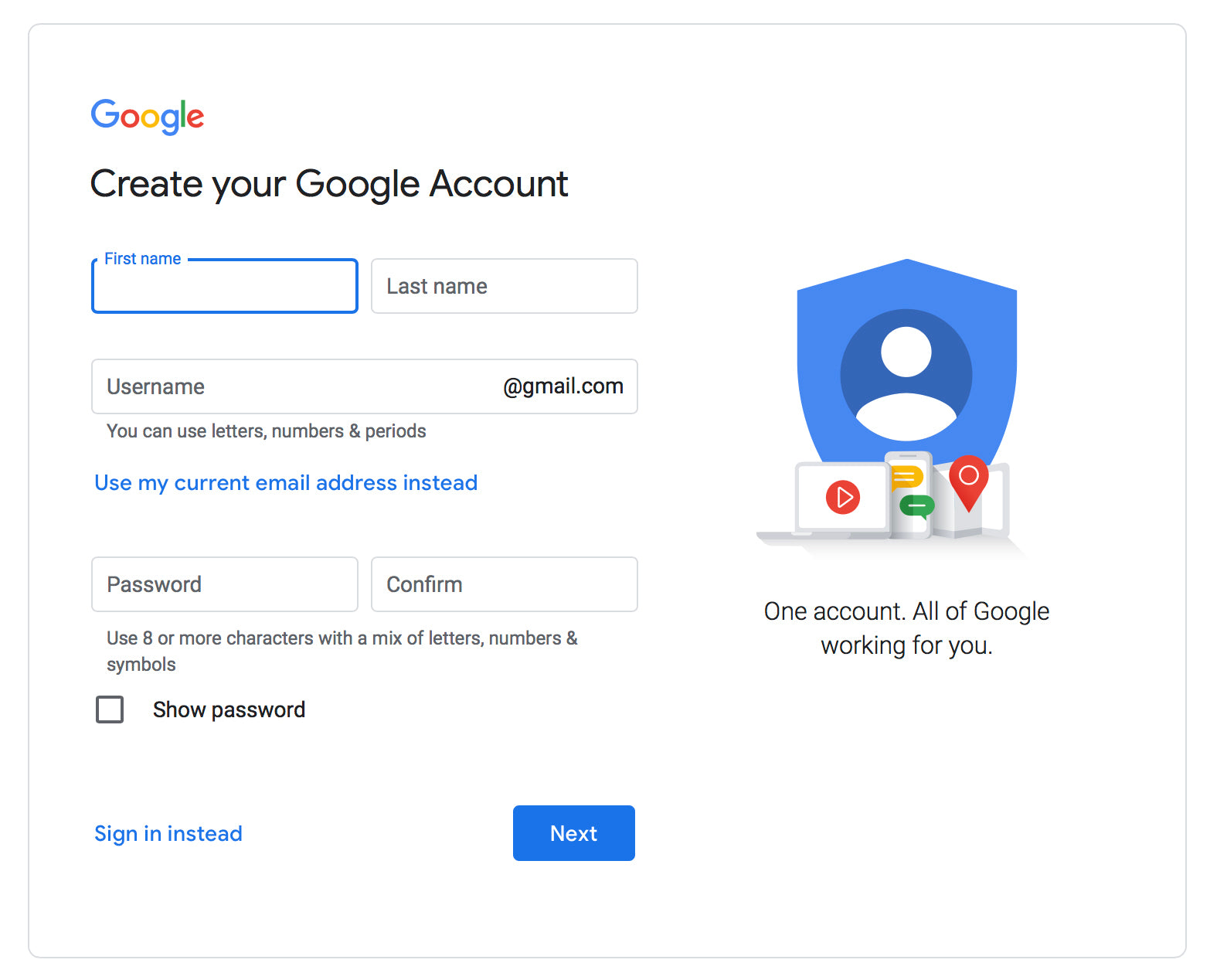 'Create Your Google Account' Screenshot