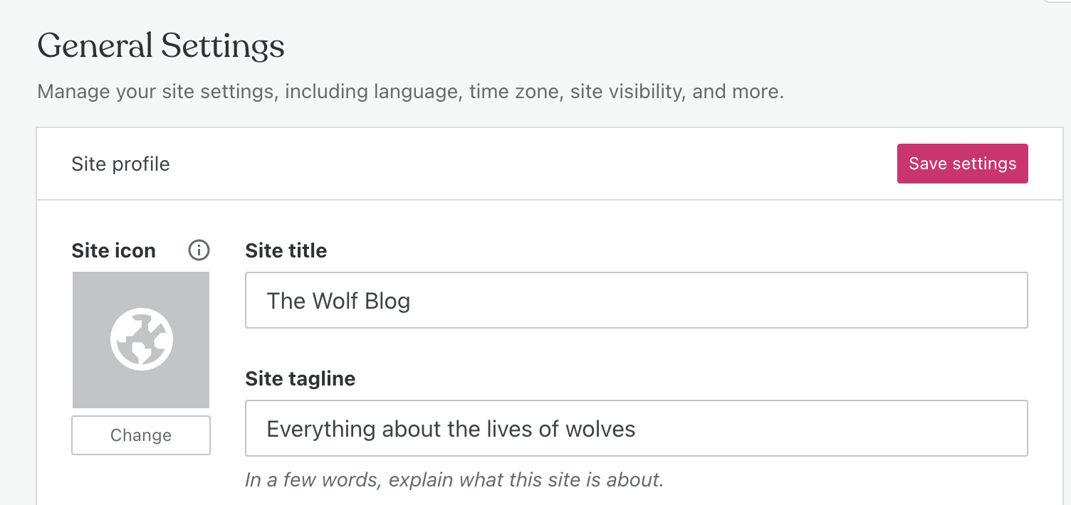 The Wordpress general settings interface with the name "The Wolf Blog" and tagline "Everything about the lives of wolves" as an example