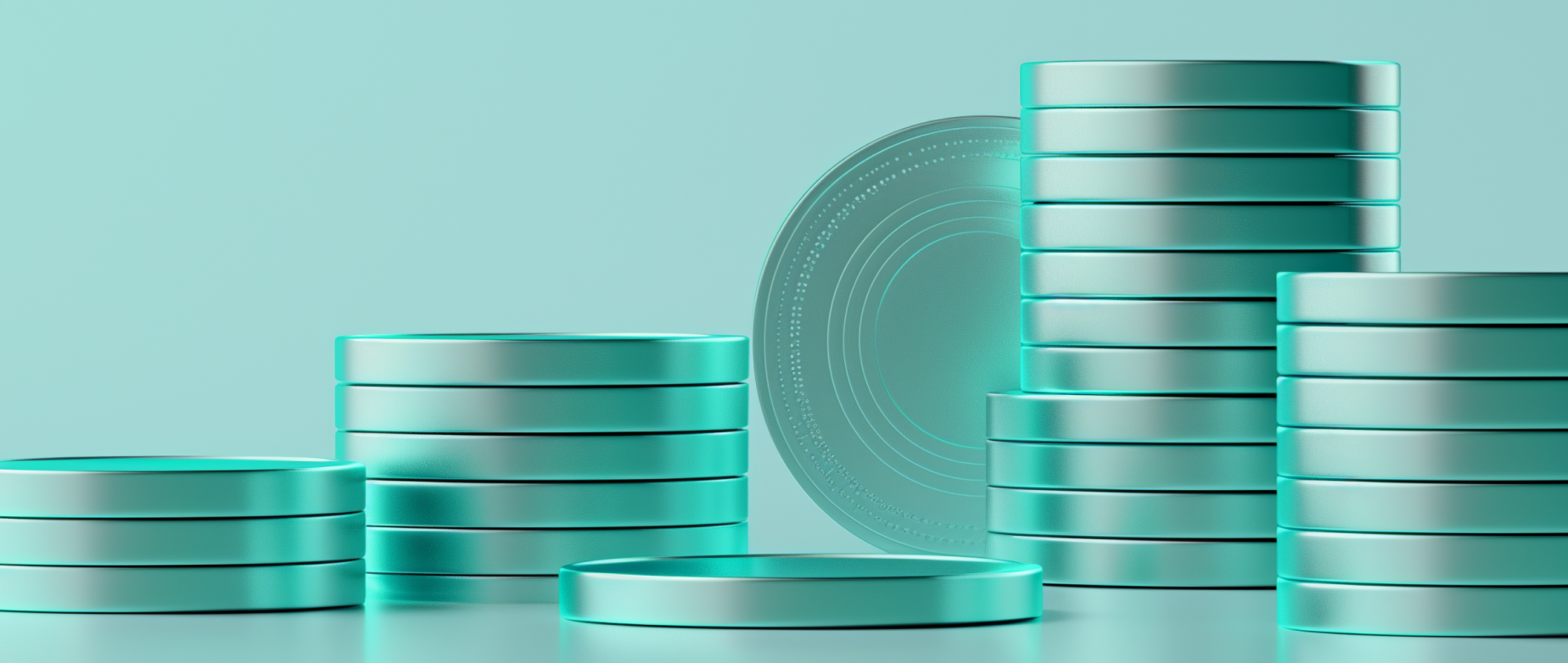 Stacks of coins on a light blue background.