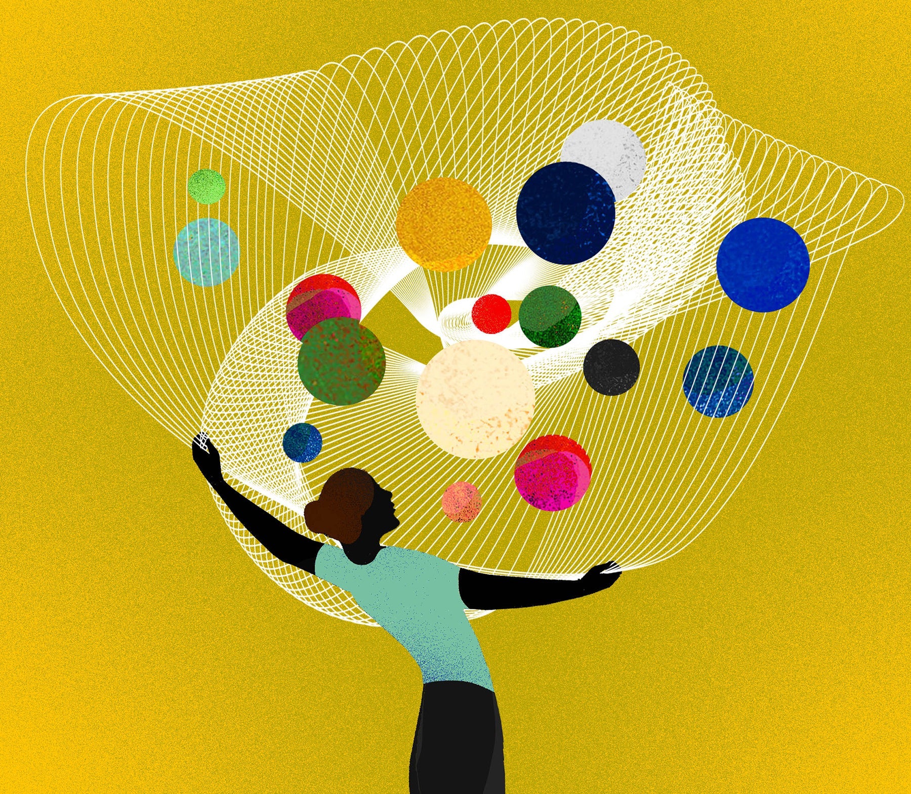 Illustration of a person juggling abstract shapes