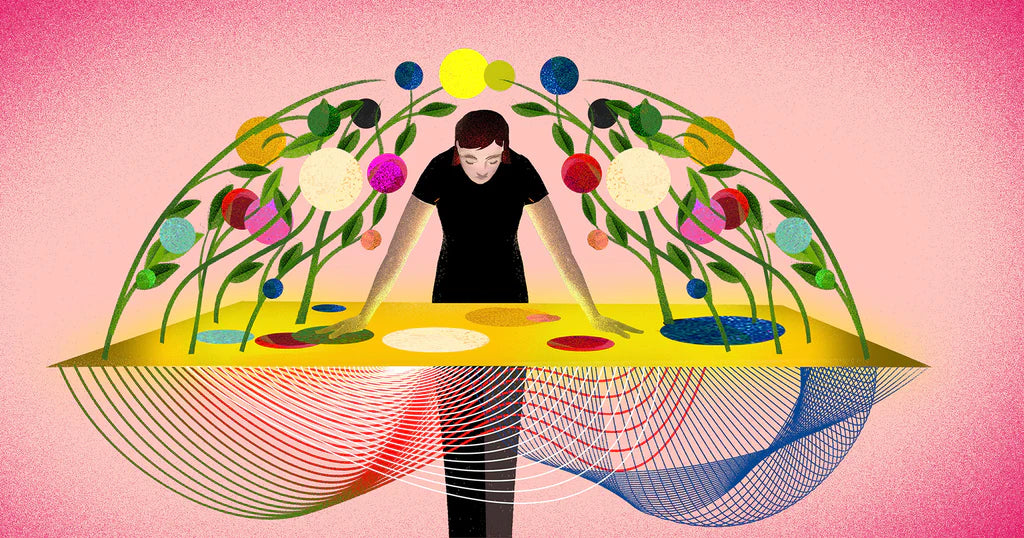 Illustration of a person navigating a map with a cage of flowers growing around them
