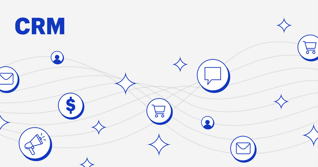 customer relationship management: CRM aspects in icons: $, email, cart, person, speaking bubble