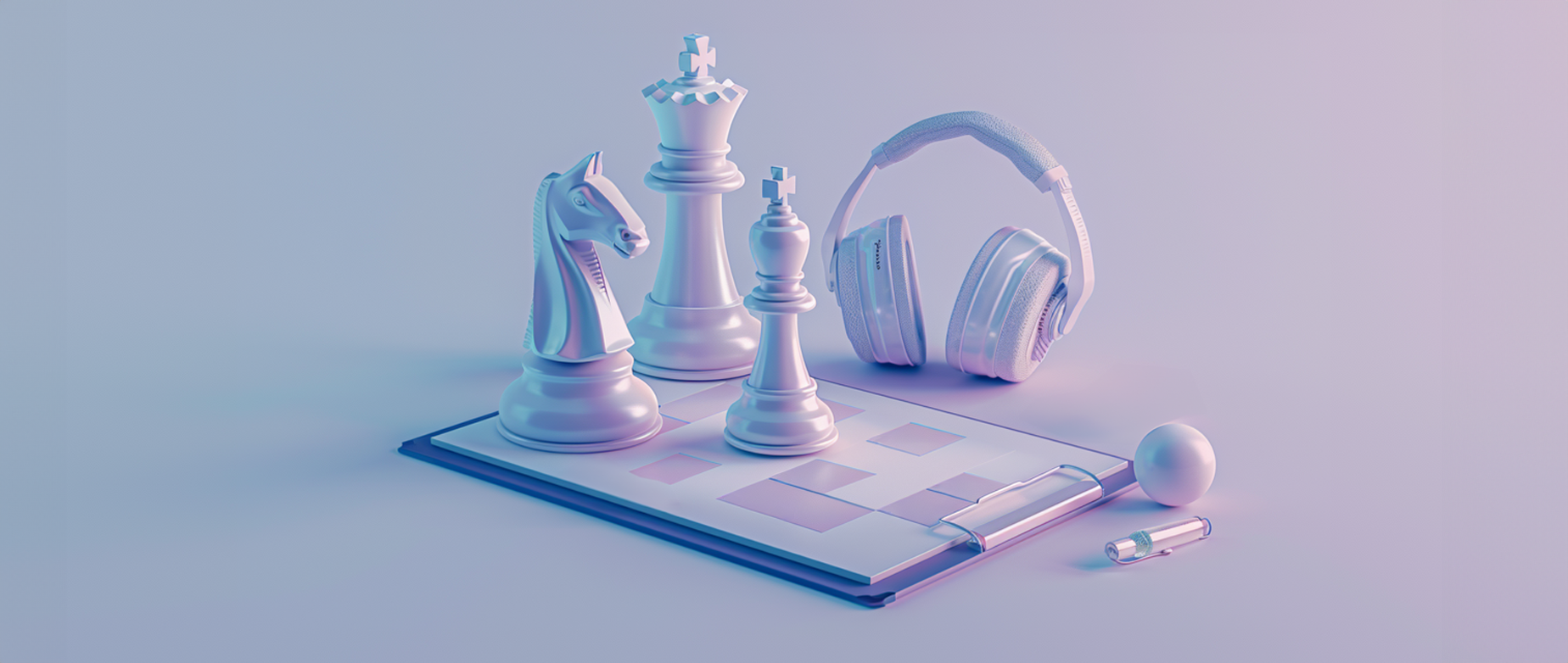 A clipboard chess set with chess pieces and a headset.