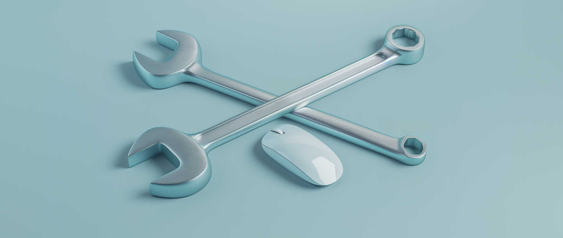 Two wrenches laying in an X next to a computer mouse on a light blue background.