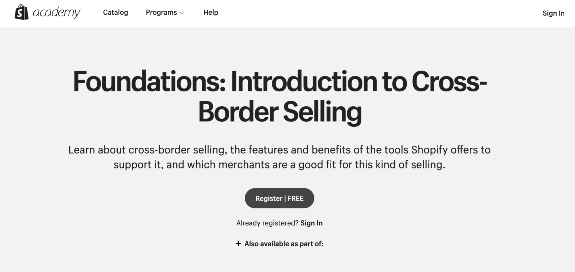 Landing page for Foundations: Introduction to Cross-Border Selling course by Shopify