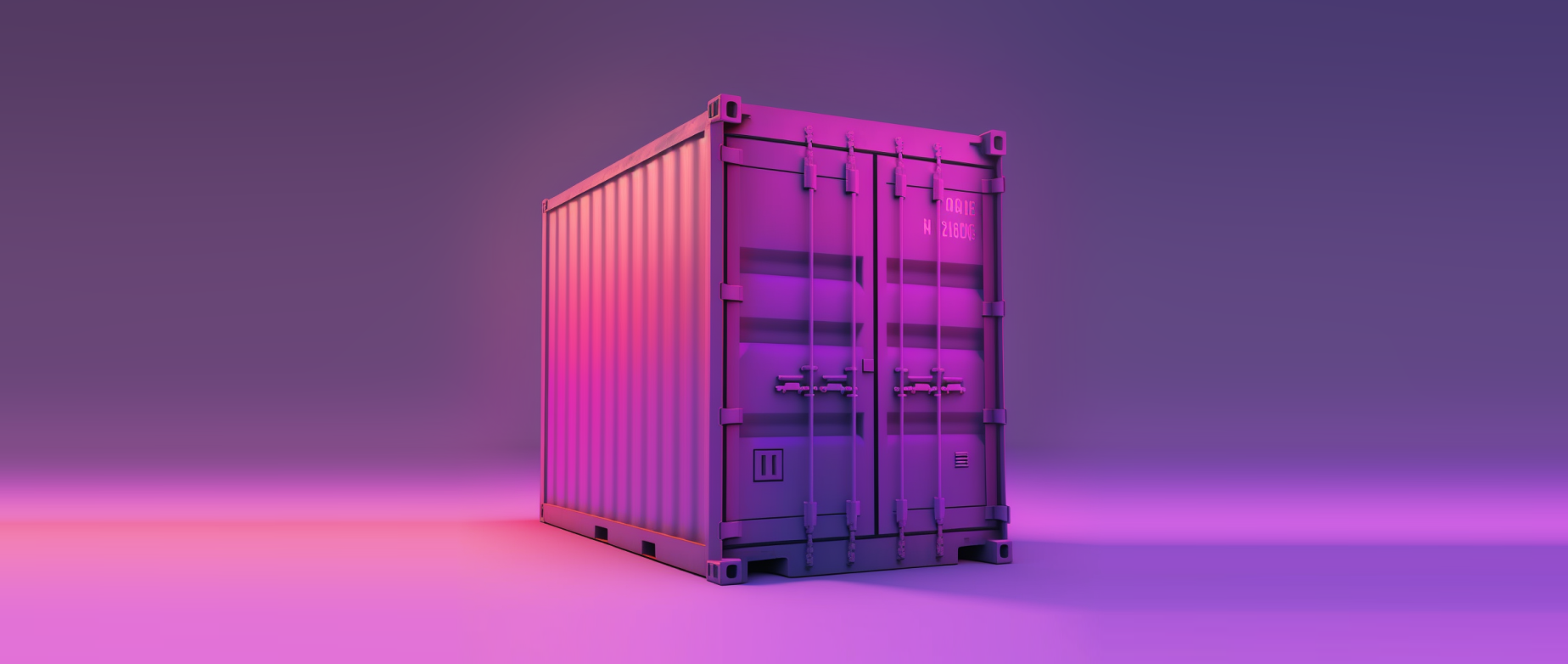A cargo container with a purple light shining on it.