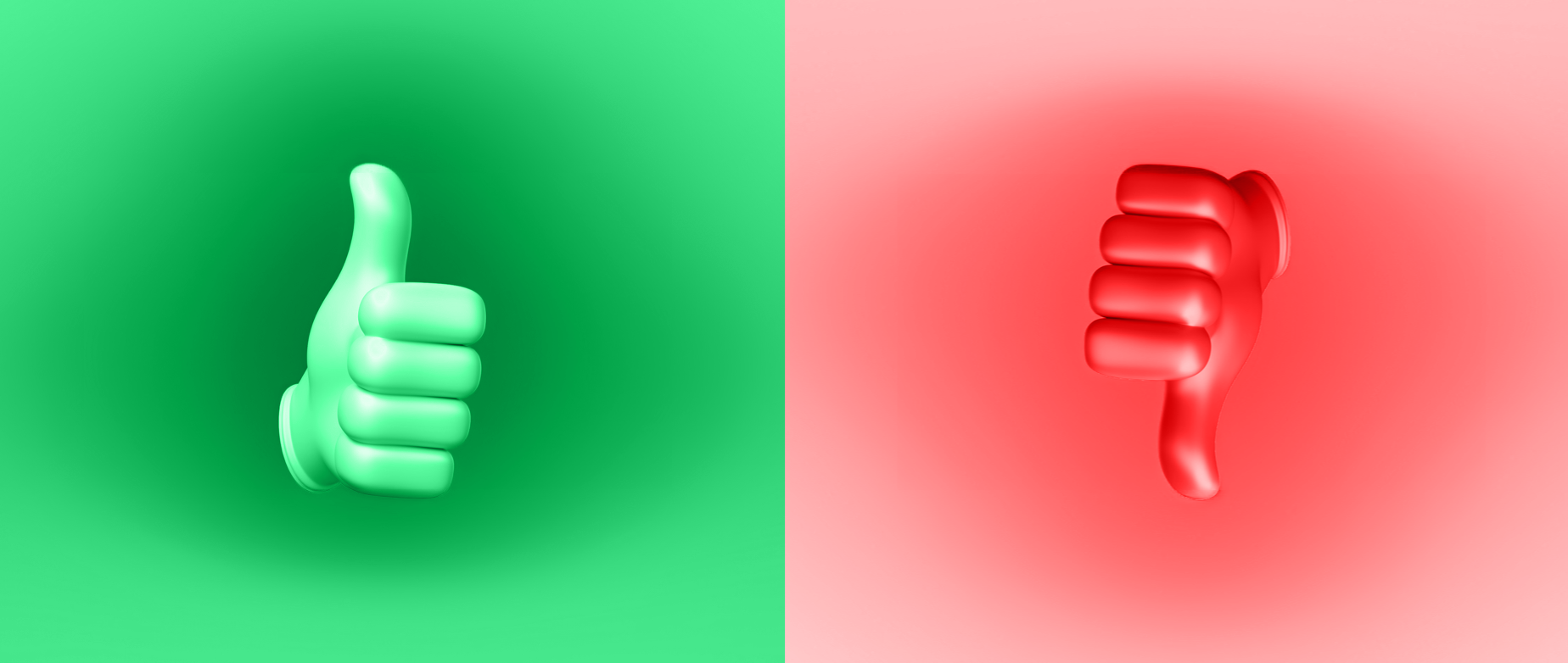 a split screen in which the left half is a green thumbs up sign, and the right side is a red thumbs down sign: crowdfunding advantages and disadvantages